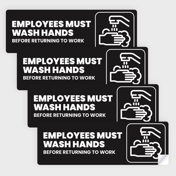 Employees Must Wash Hands Sign Sticker: Foodservice, Peel & Stick, Hvy-Dty, 6''x2'', 20PK